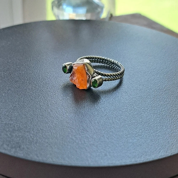 Raw Fire Opal & Natural Chrome Diopside In Sterling Silver. Sz.10 - Picture 5 of 5